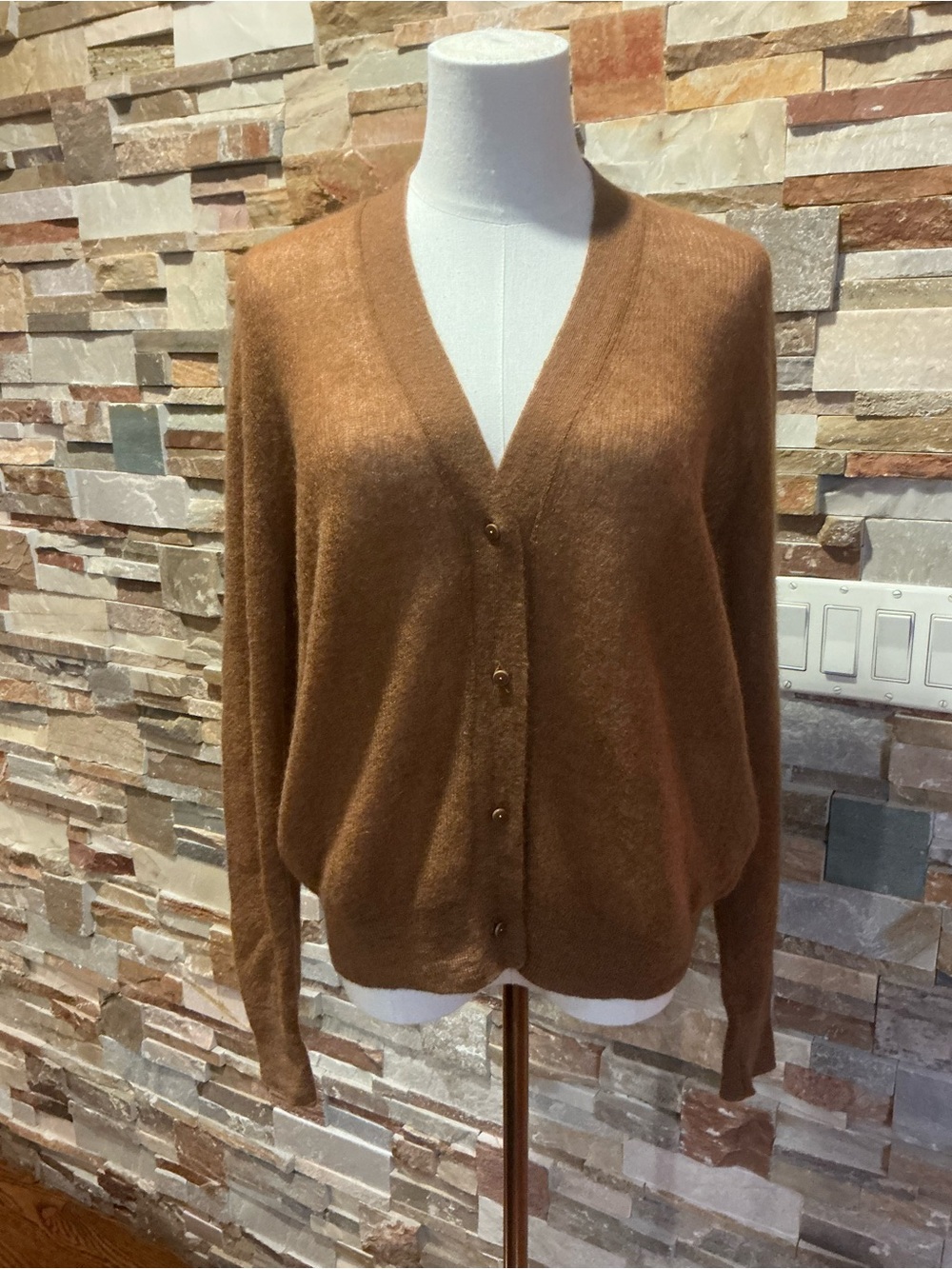 Max Mara Studio Camel Brown Mohair Blend V-Neck Cardigan